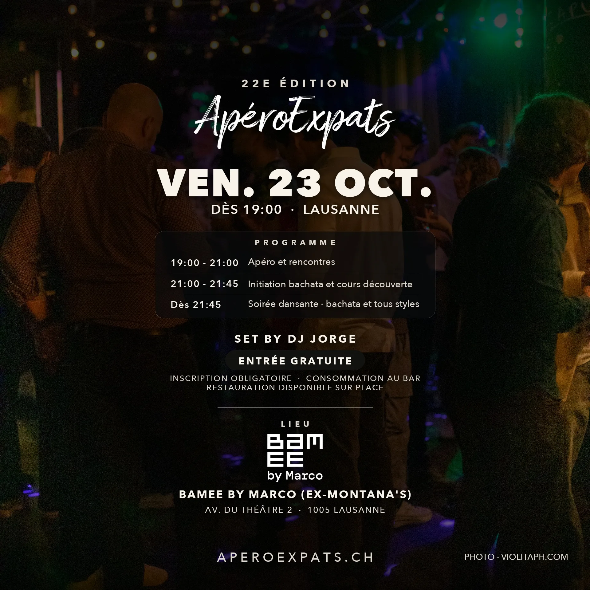 Flyer for ApéroExpats 22nd edition at Bamee by Marco, Lausanne, Friday 23 October from 19:00 to 01:30